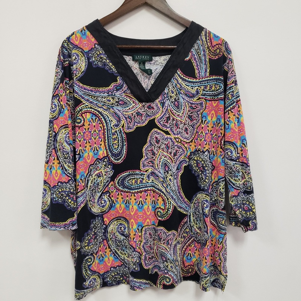 Lauren Ralph Lauren Womens 3/4 Sleeve Multicolor Linen Top Size 3X V Neck Artsy